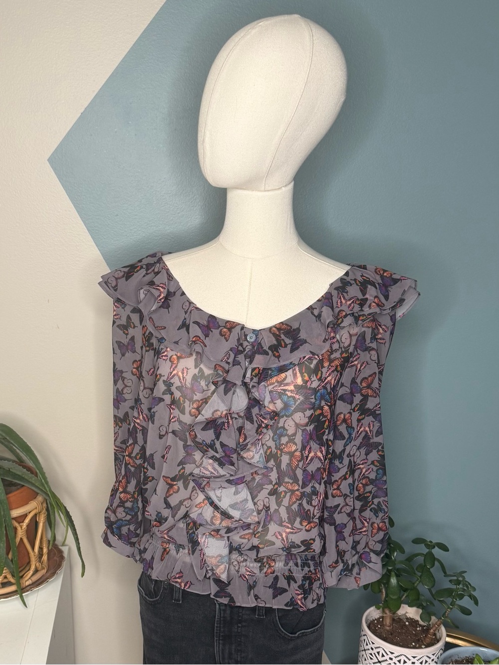Ted Baker Butterfly Ruffle Chiffon Smocked Blouse Whimsical Balletcore Size 1 - Picture 2 of 12